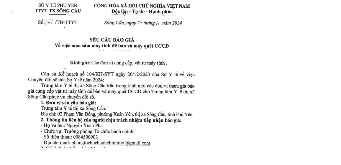 Yêu cầu báo giá mua sắm máy tính để bàn và máy quét CCCD